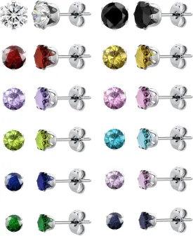 12 Pairs Silver Earrings Surgical Steel Earrings Women's Earrings Hypoallergenic Earrings Set Men's Earrings 12 Colors CubicZirconia Studs Earrings
