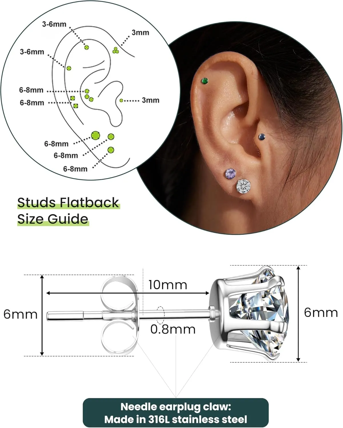 12 Pairs Silver Earrings Surgical Steel Earrings Women's Earrings Hypoallergenic Earrings Set Men's Earrings 12 Colors CubicZirconia Studs Earrings