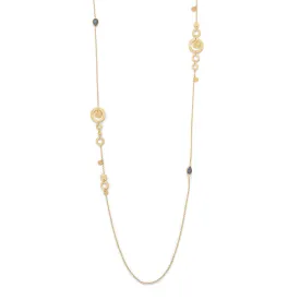 14 Karat Gold Plated Labradorite and Hammered/Brushed Disk Necklace