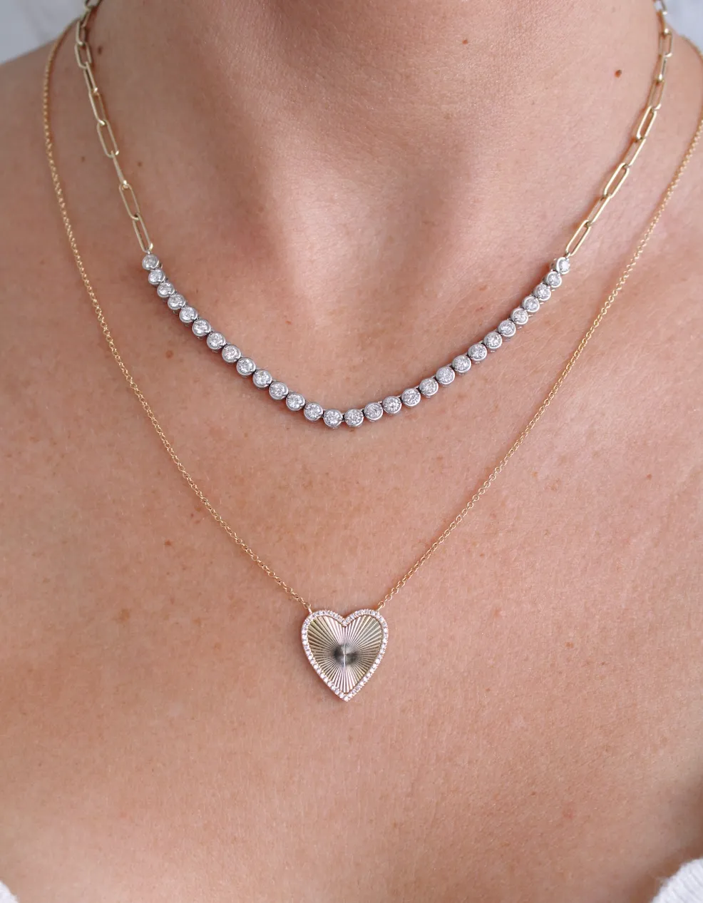14k Bezel Diamond Necklace On A Paperclip Chain