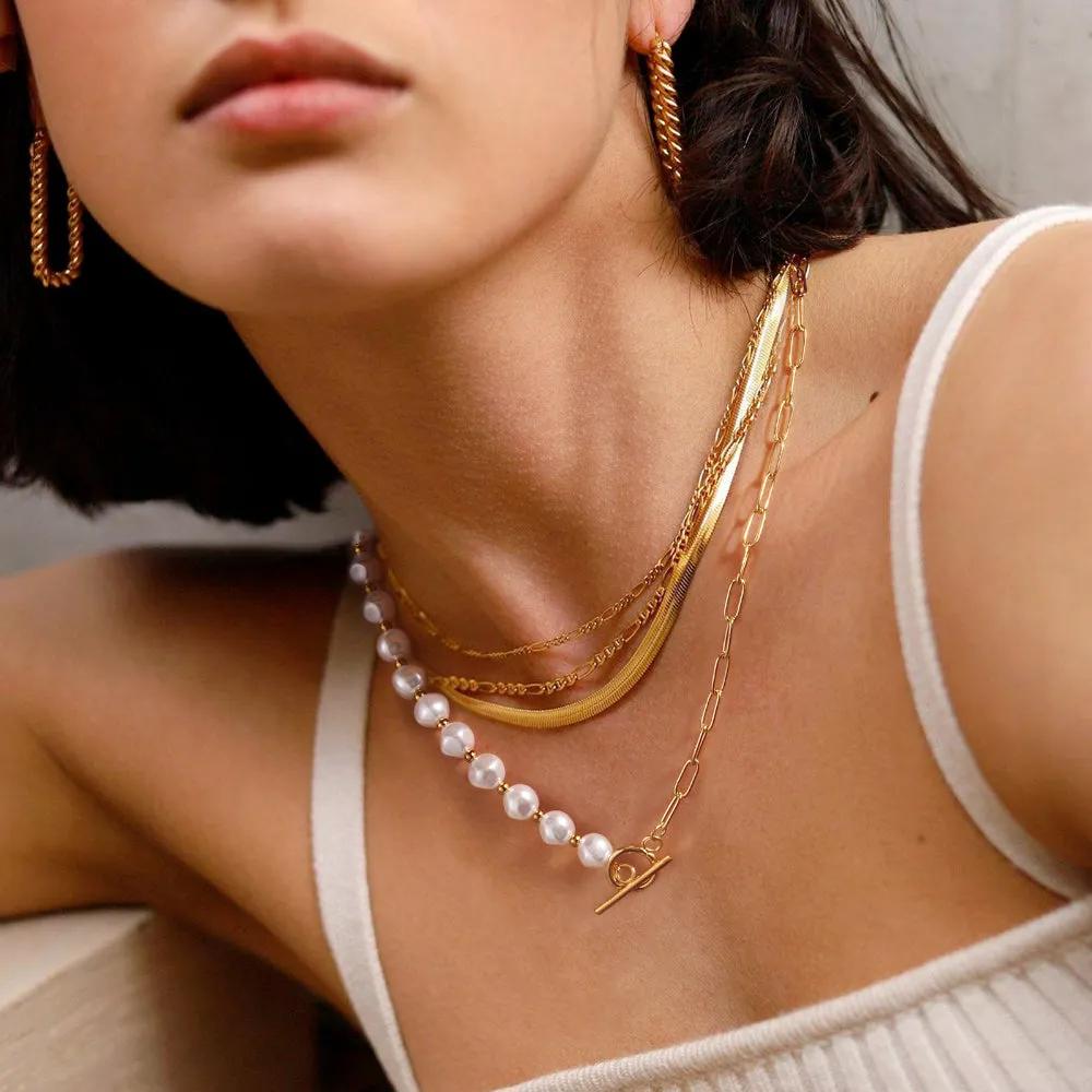 14K Gold-Plated Chunky Chain Necklace with Half Pearl, Half Paperclip Links