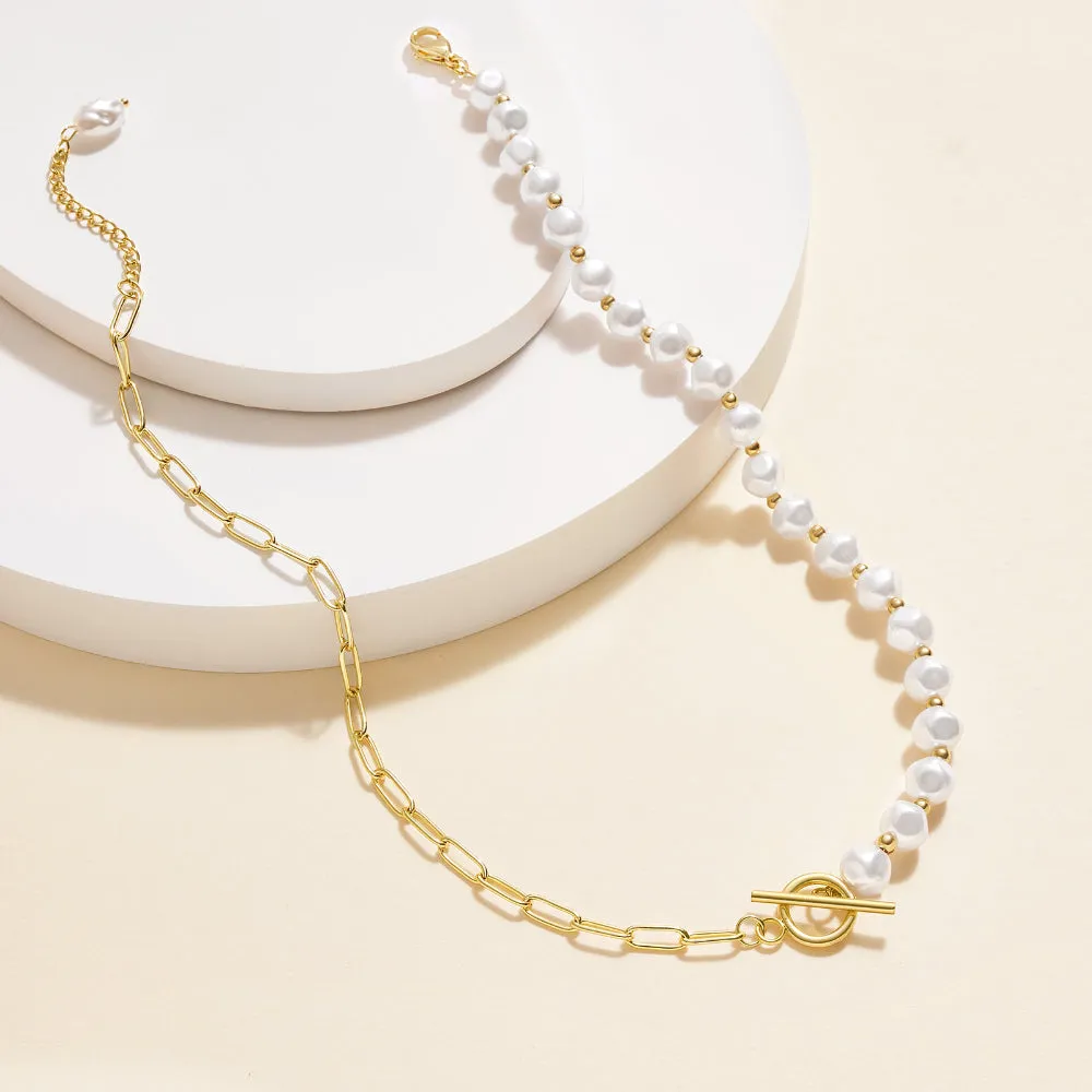 14K Gold-Plated Chunky Chain Necklace with Half Pearl, Half Paperclip Links