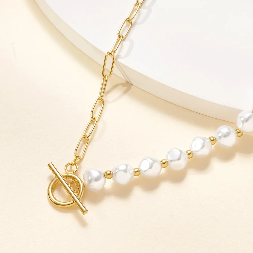 14K Gold-Plated Chunky Chain Necklace with Half Pearl, Half Paperclip Links