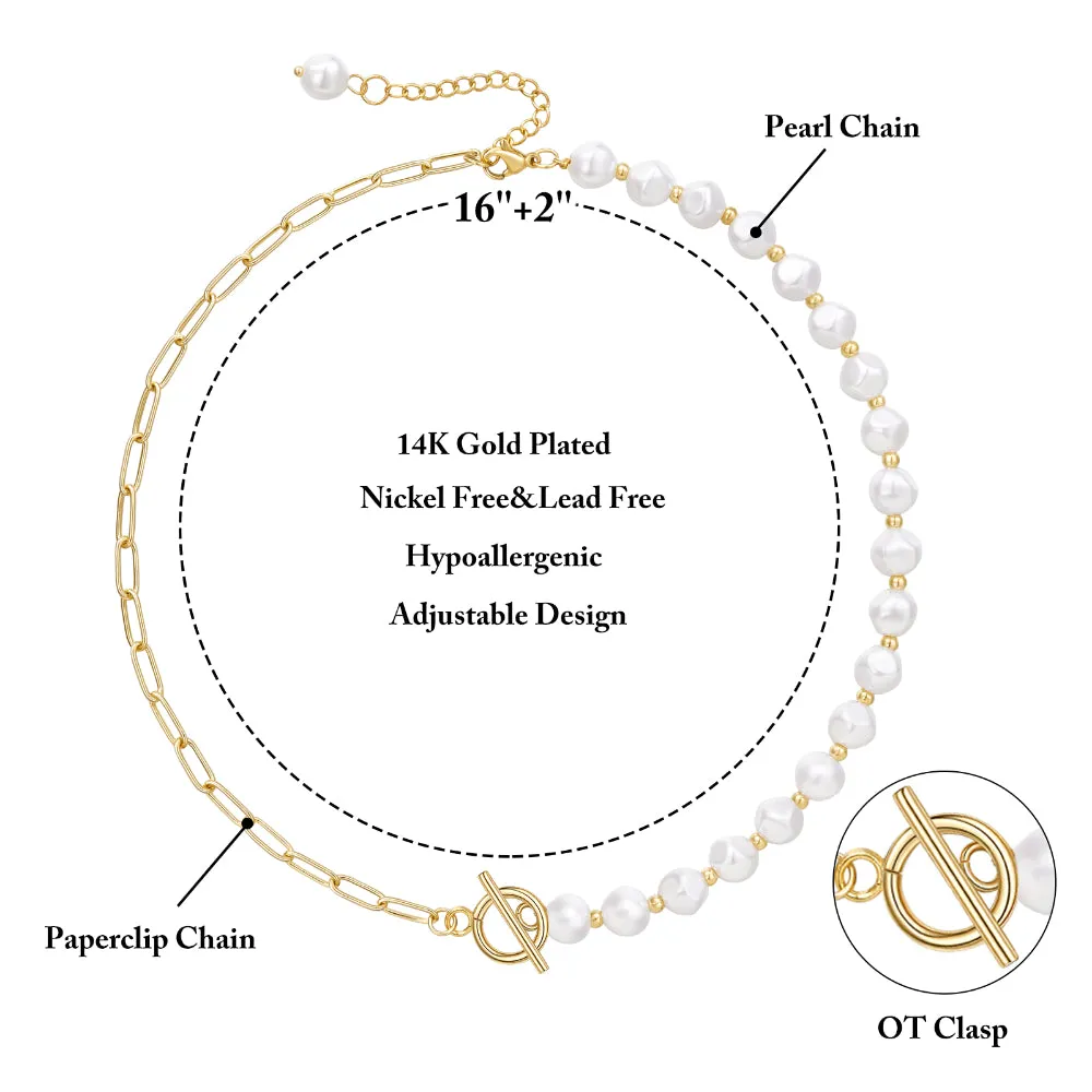 14K Gold-Plated Chunky Chain Necklace with Half Pearl, Half Paperclip Links