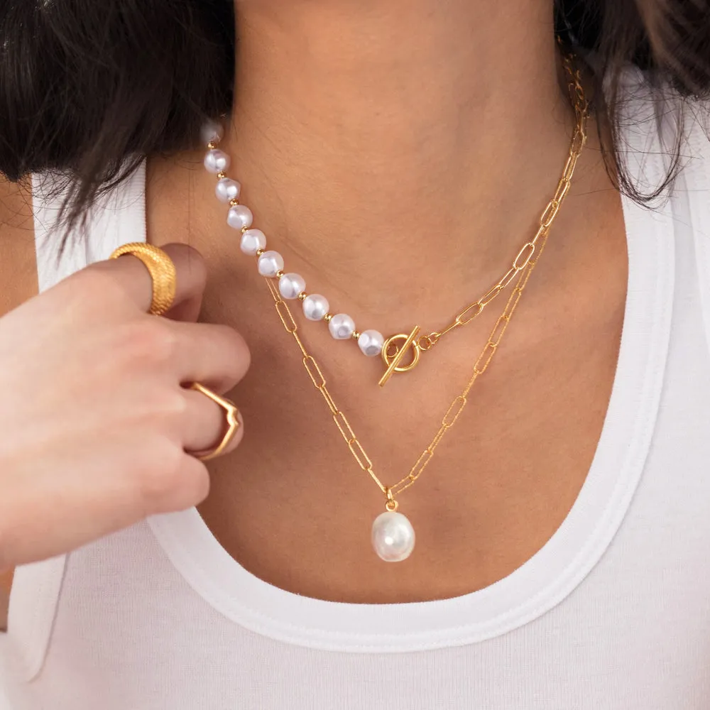14K Gold-Plated Chunky Chain Necklace with Half Pearl, Half Paperclip Links