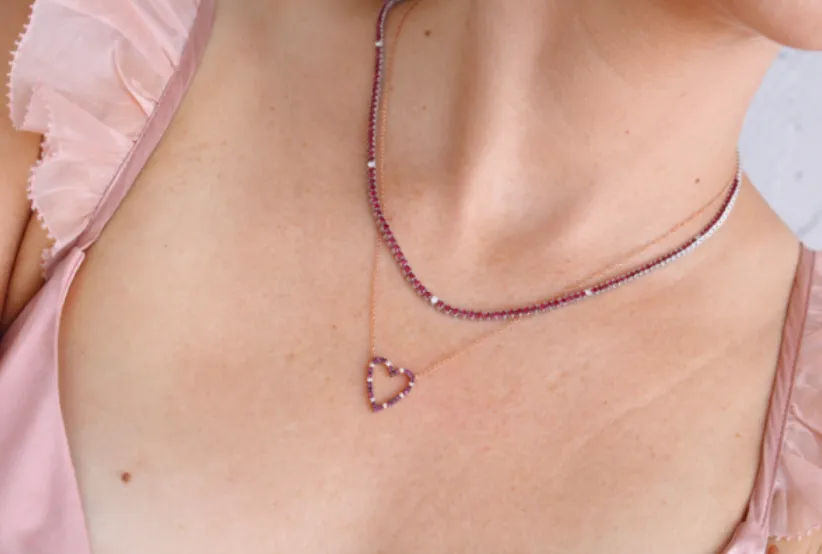 14k Ruby and Diamond Outline Heart Necklace