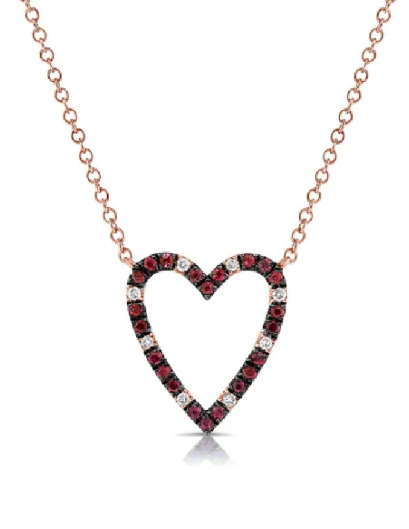 14k Ruby and Diamond Outline Heart Necklace