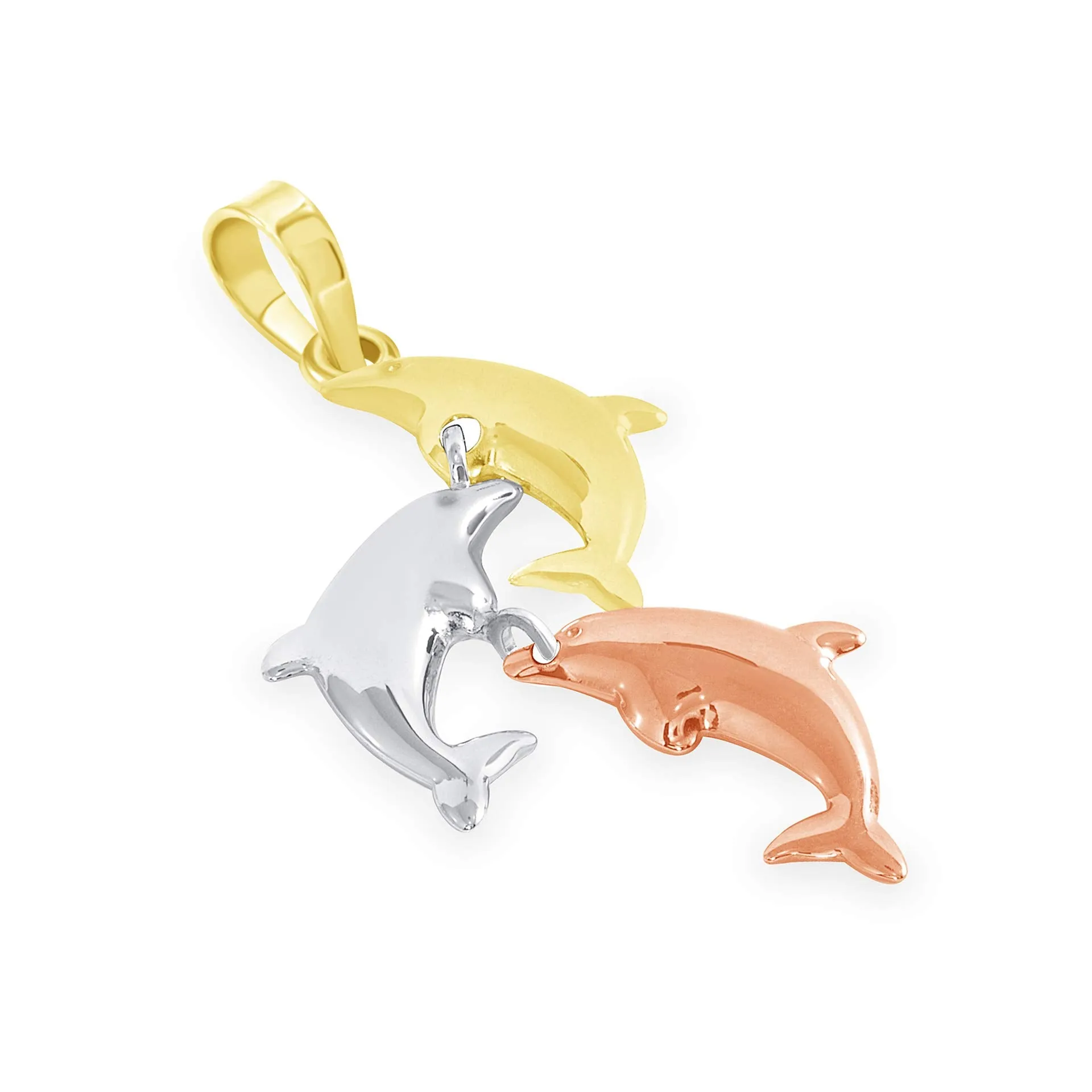 14k Tri-Color Gold Dangling Three Dolphins Jumping Up Pendant with Cuban Curb Chain Necklace