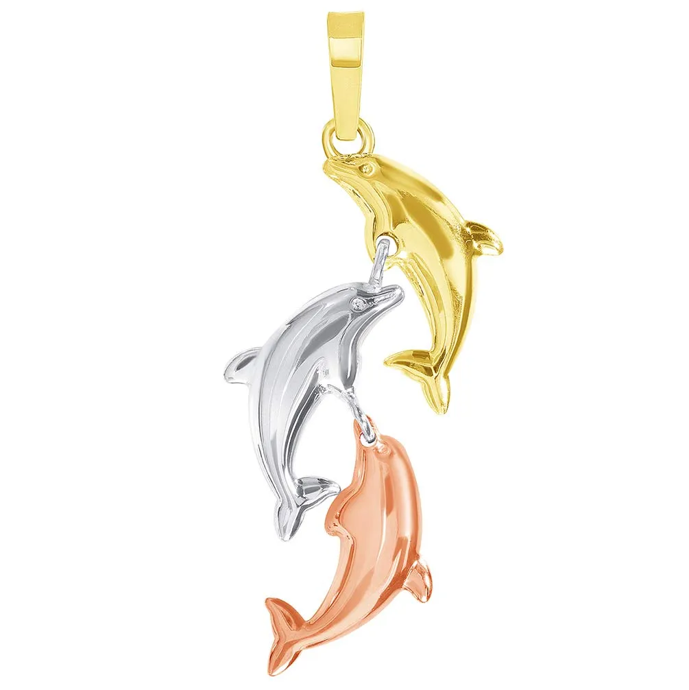 14k Tri-Color Gold Dangling Three Dolphins Jumping Up Pendant with Cuban Curb Chain Necklace