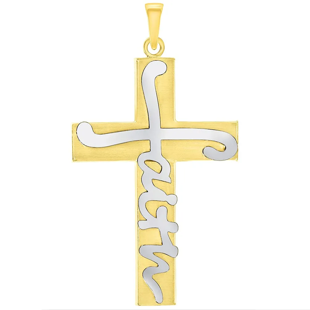 14k Two-Tone Gold Scripted Faith Religious Cross Pendant Necklace