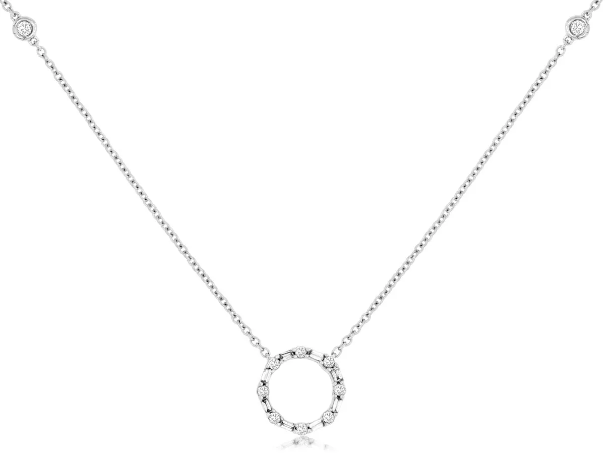 14K White Gold Baguette and Pave Diamond Circle Necklace