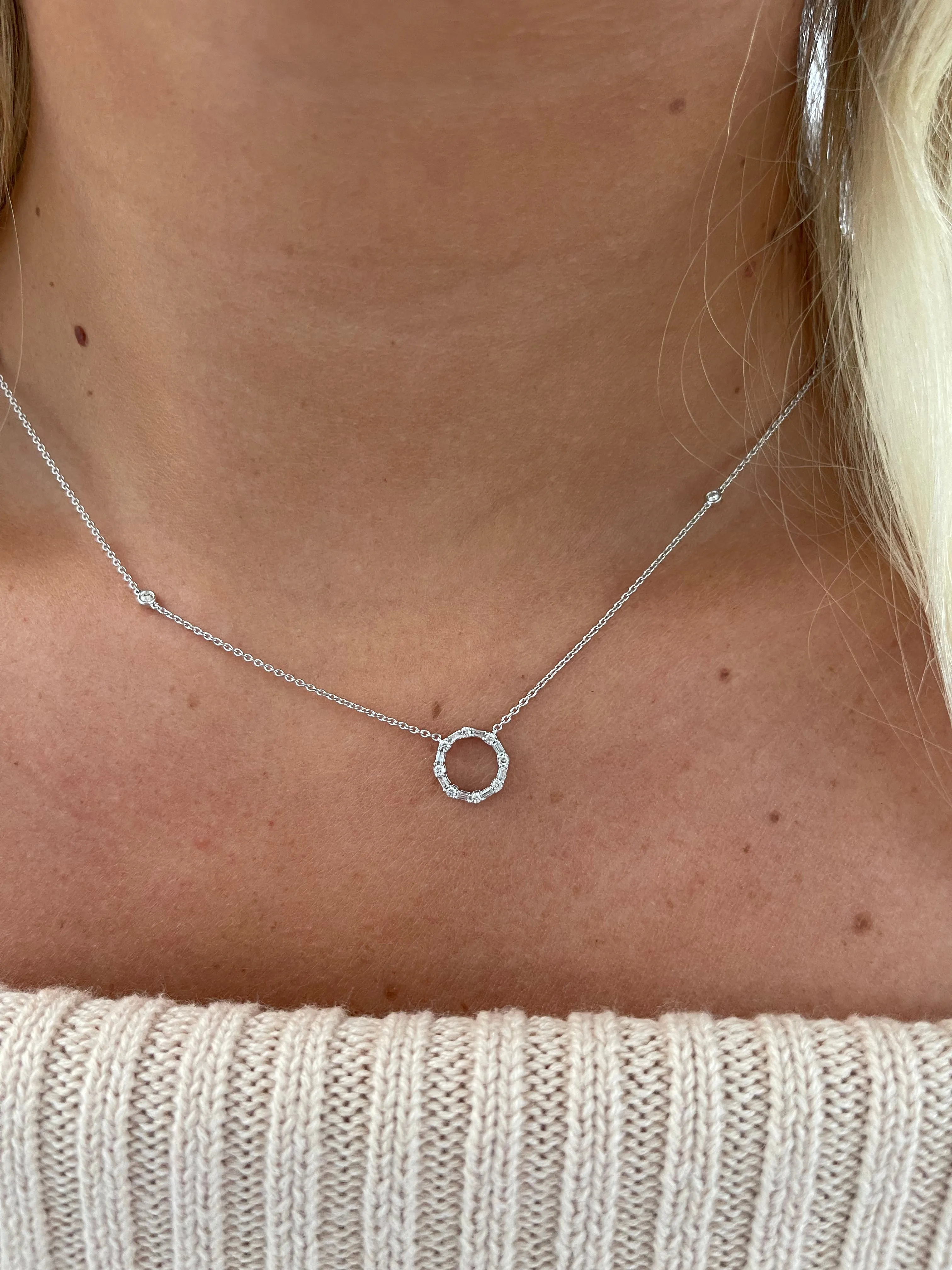 14K White Gold Baguette and Pave Diamond Circle Necklace