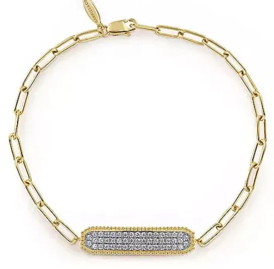 14K Yellow Gold Diamond Pavé Wide Bar Hollow Chain Bracelet