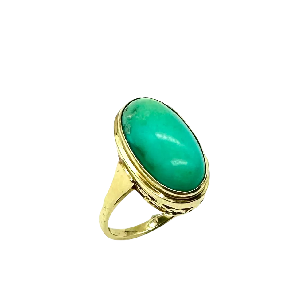 14k Yellow Gold Oval Cabochon Green Turquoise Ring