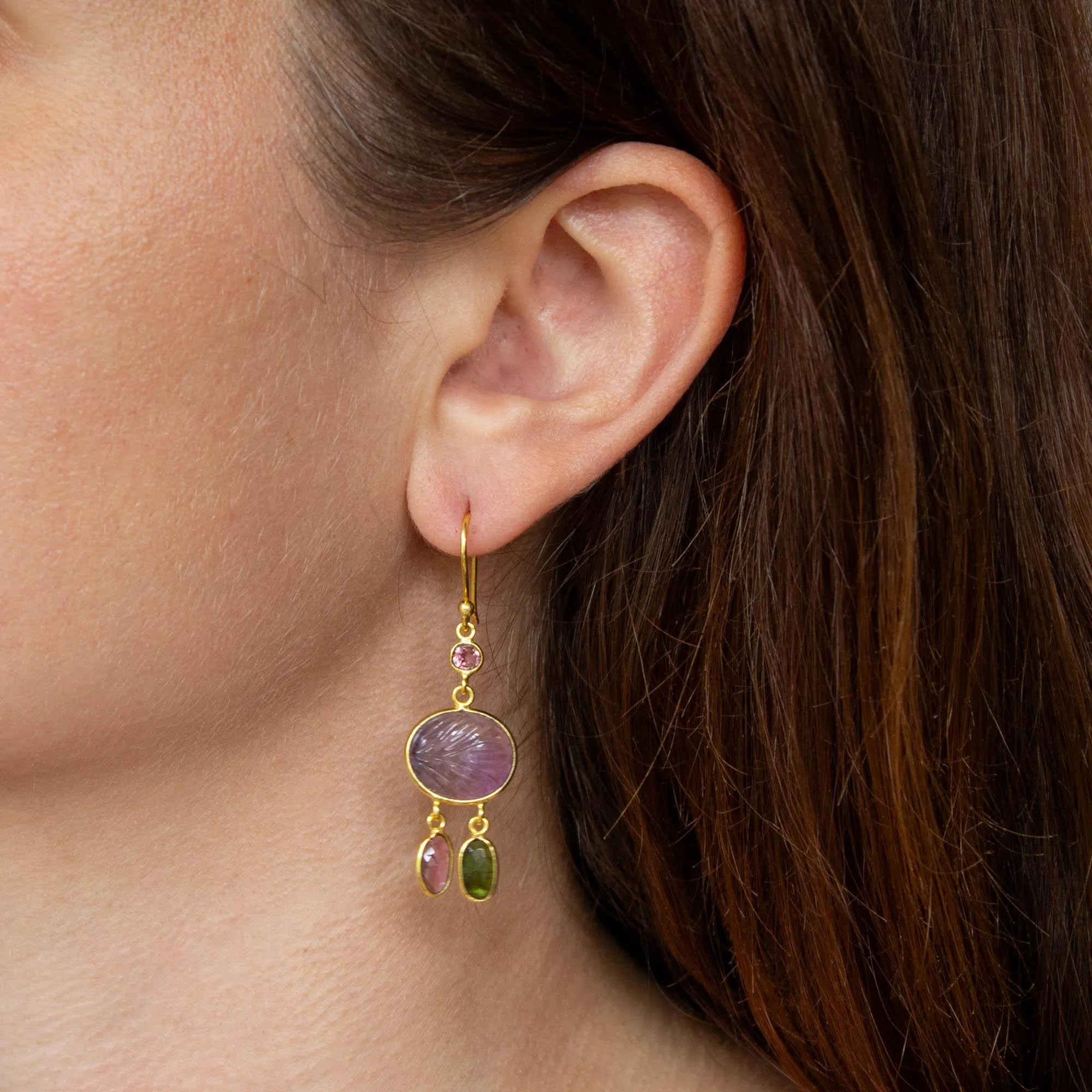 18ct Gold Vermeil Carved Amethyst and Tourmaline Earrings