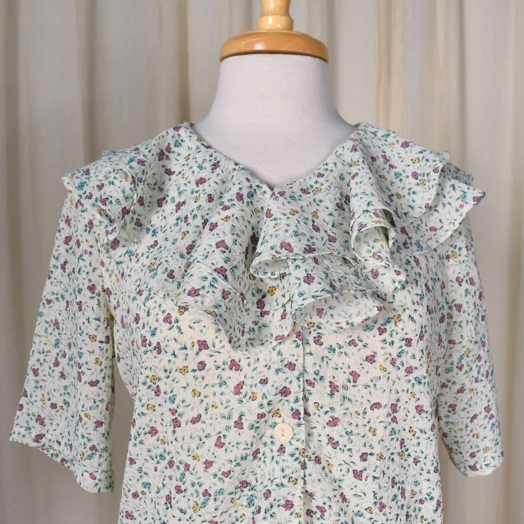 1940s Style Floral Crepe Ruffle Blouse