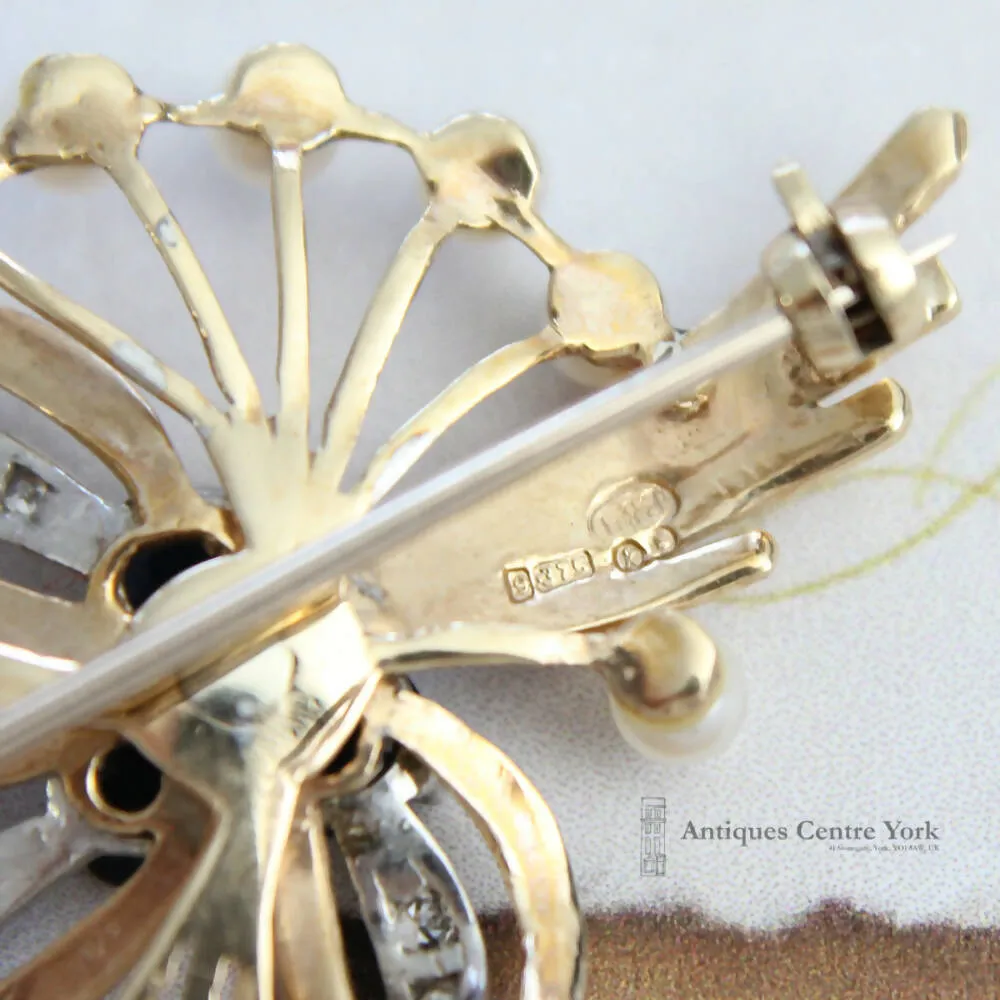 1960's 9ct Sapphire, Pearl & Diamond Spray Brooch