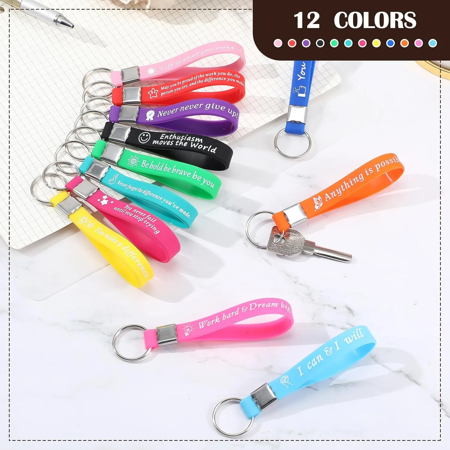 24 Pcs Inspirational Keychains Bulk Silicone Motivational Key Chains Appreciation Thank You Gifts for Teacher Staff