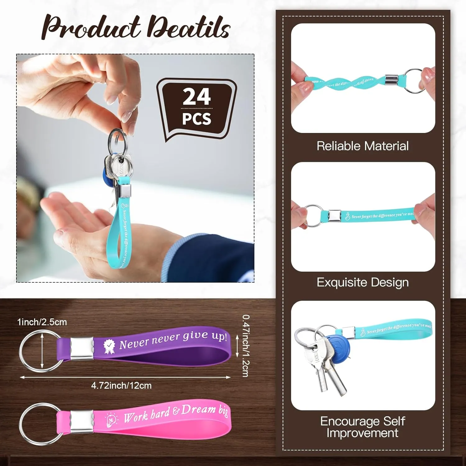 24 Pcs Inspirational Keychains Bulk Silicone Motivational Key Chains Appreciation Thank You Gifts for Teacher Staff