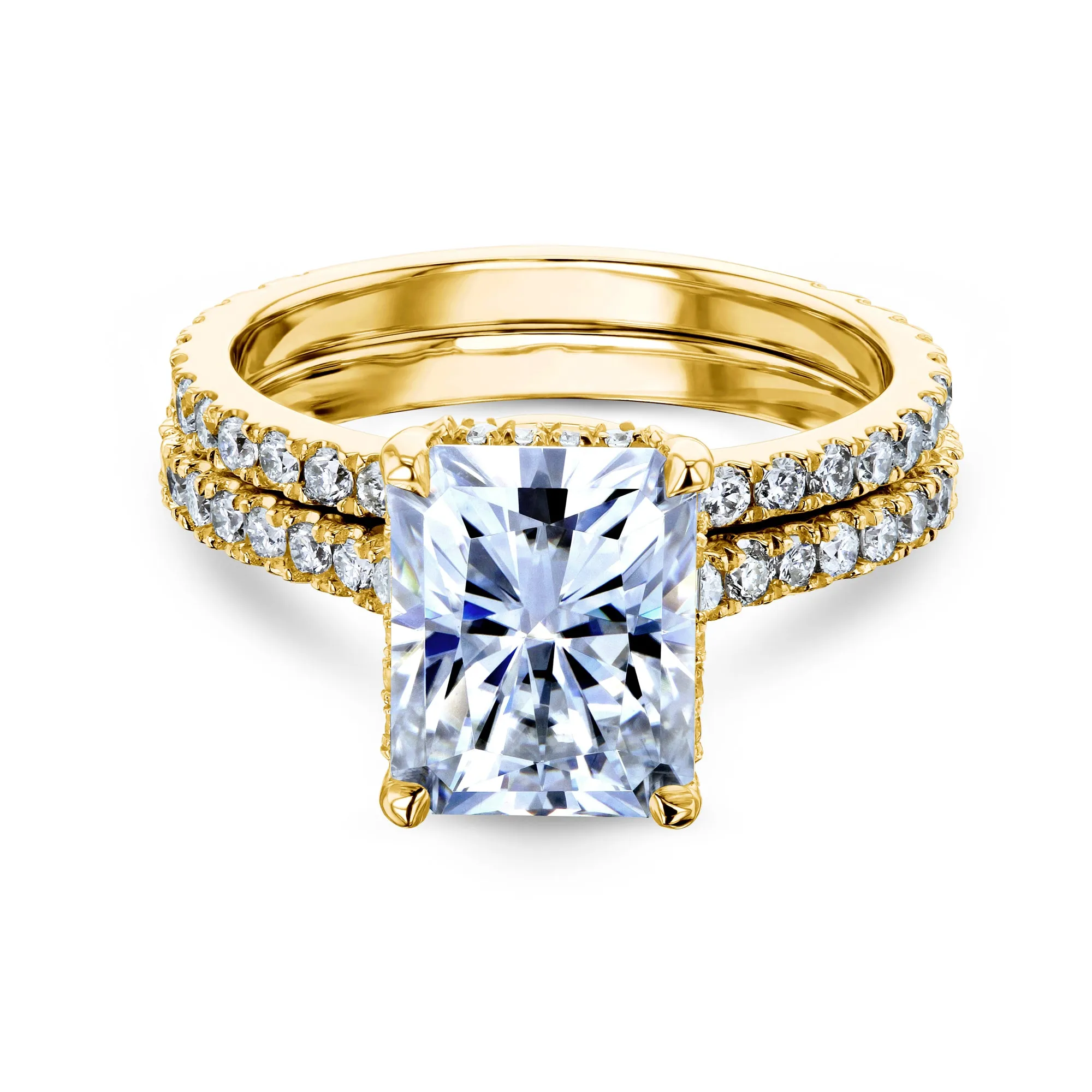 2.7ct Radiant Forever One Moissanite Drop Halo Bridal Set - Notched Band
