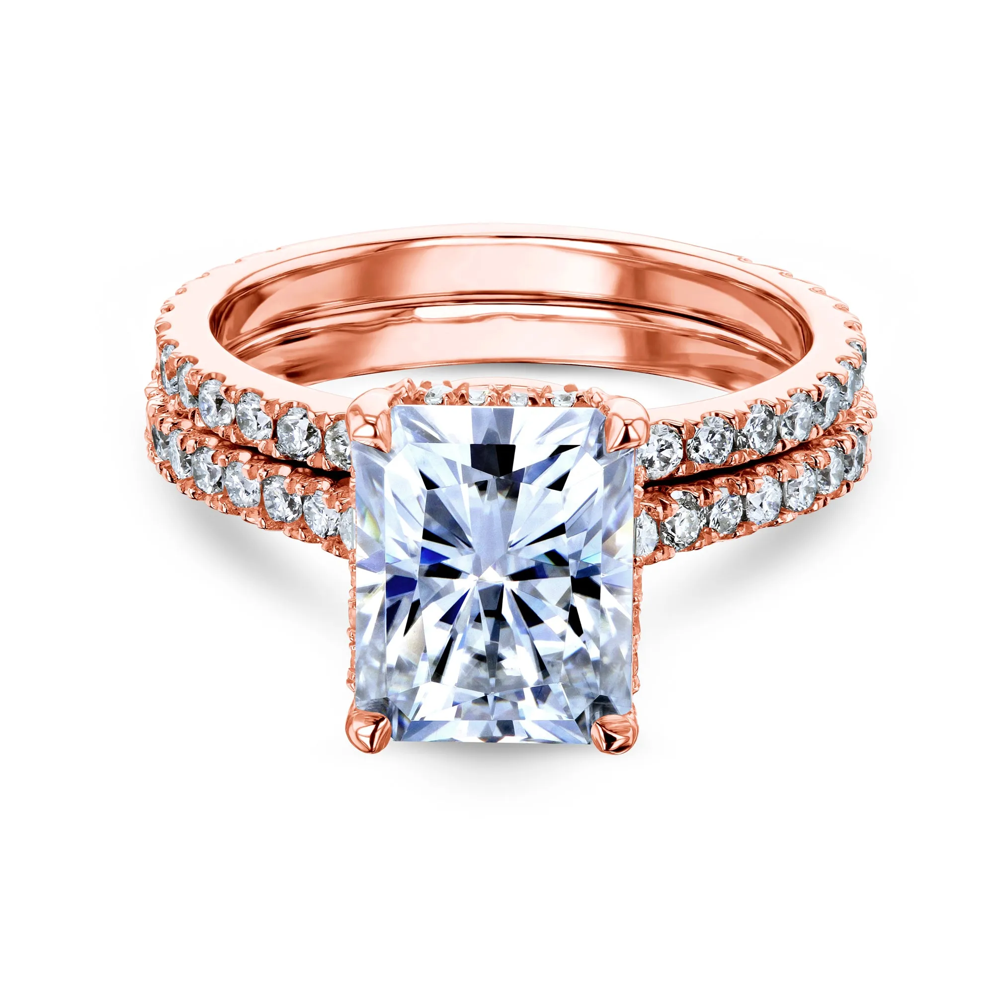 2.7ct Radiant Forever One Moissanite Drop Halo Bridal Set - Notched Band