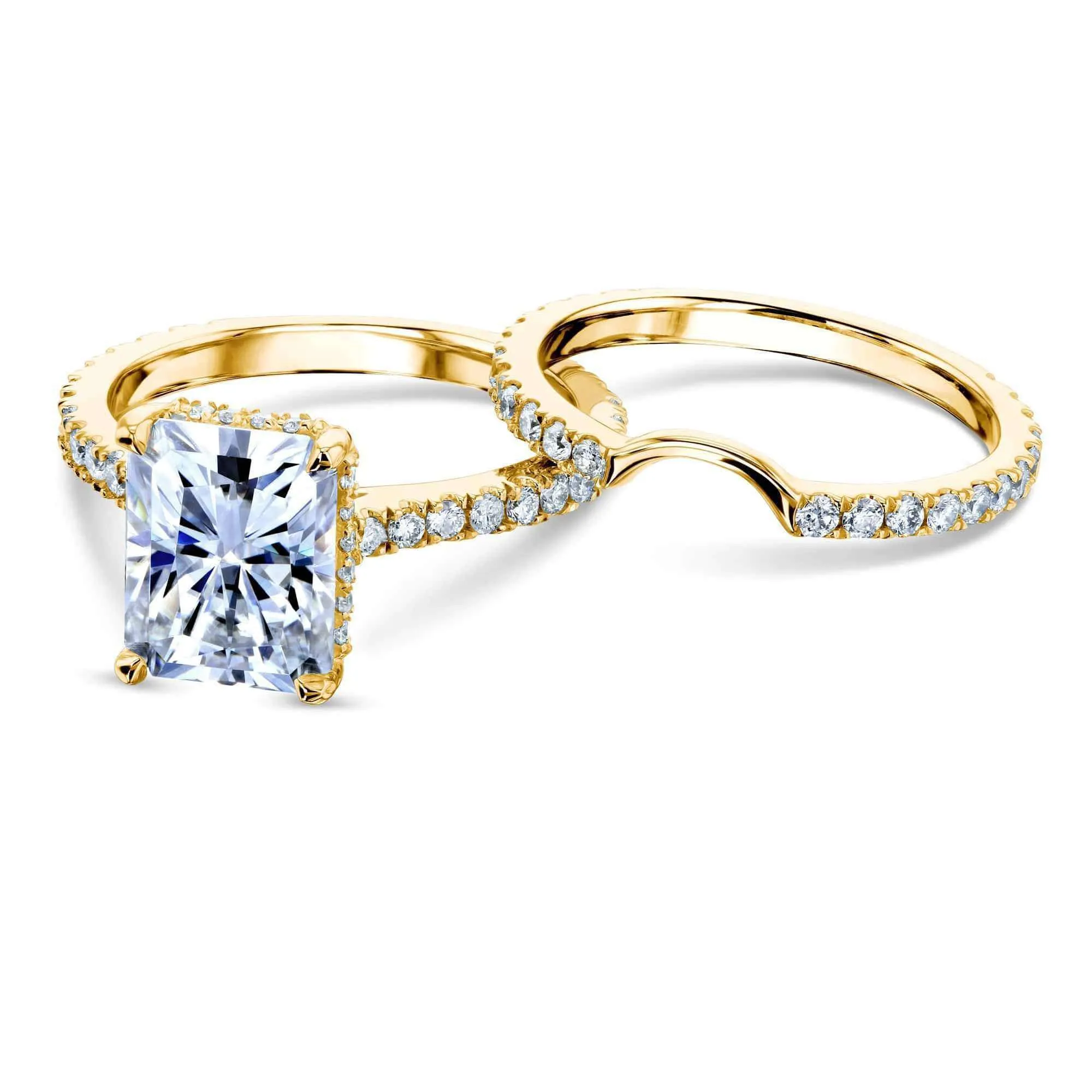 2.7ct Radiant Forever One Moissanite Drop Halo Bridal Set - Notched Band