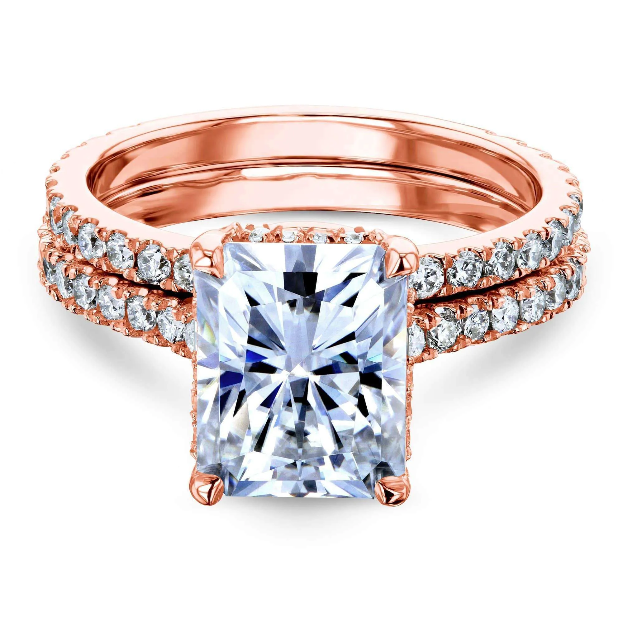 2.7ct Radiant Forever One Moissanite Drop Halo Bridal Set - Notched Band