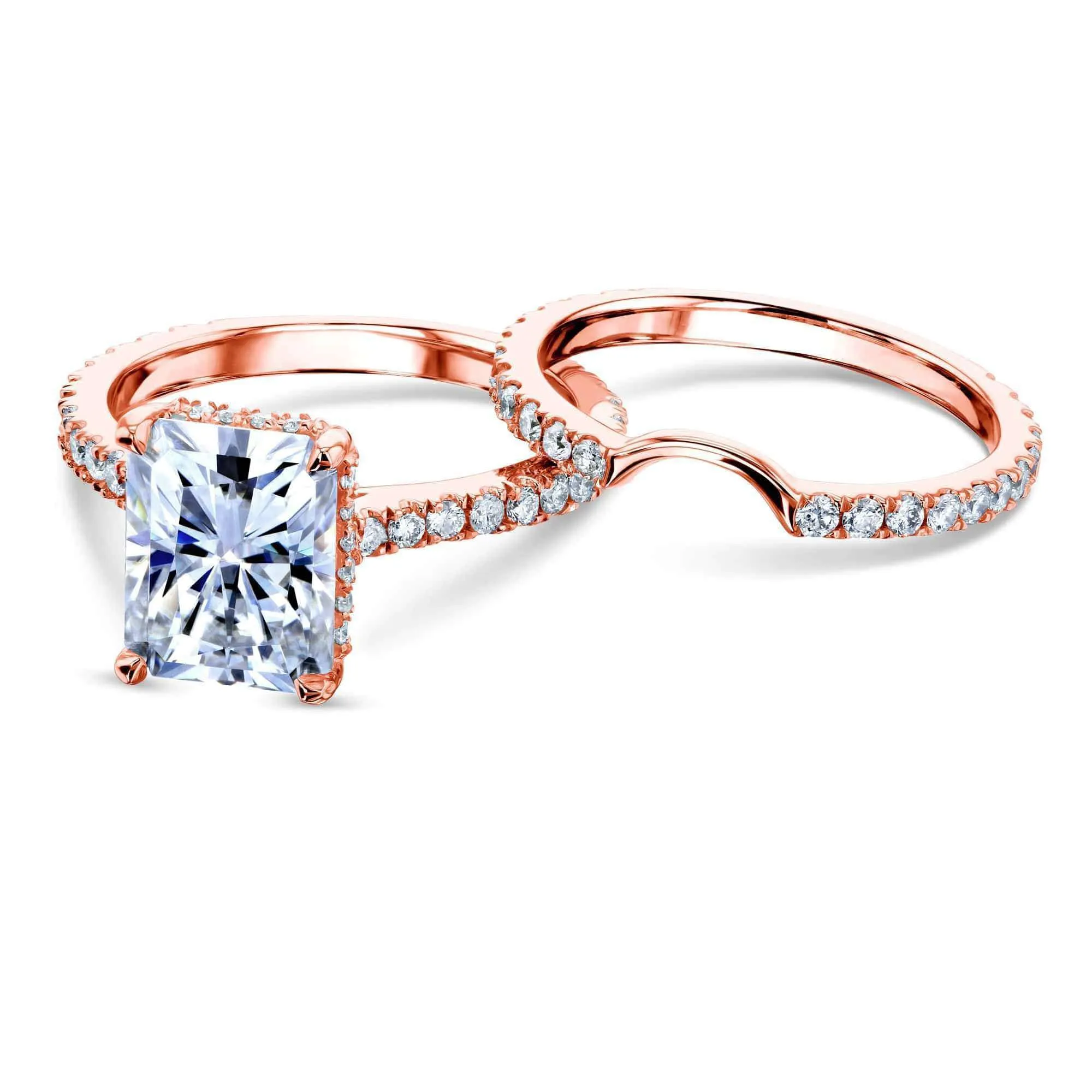 2.7ct Radiant Forever One Moissanite Drop Halo Bridal Set - Notched Band