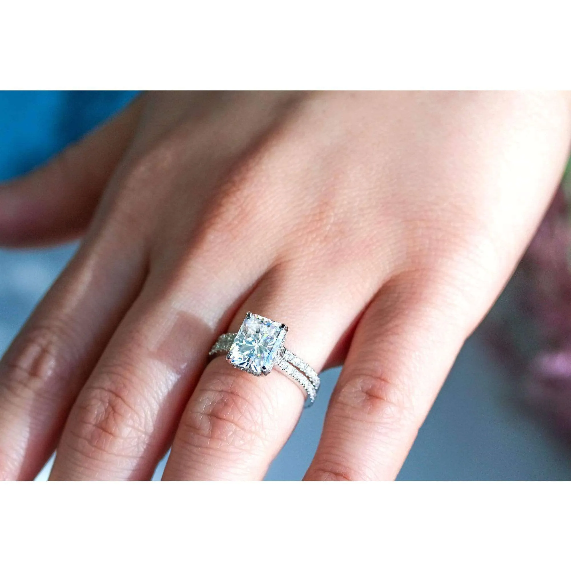2.7ct Radiant Forever One Moissanite Drop Halo Bridal Set - Notched Band