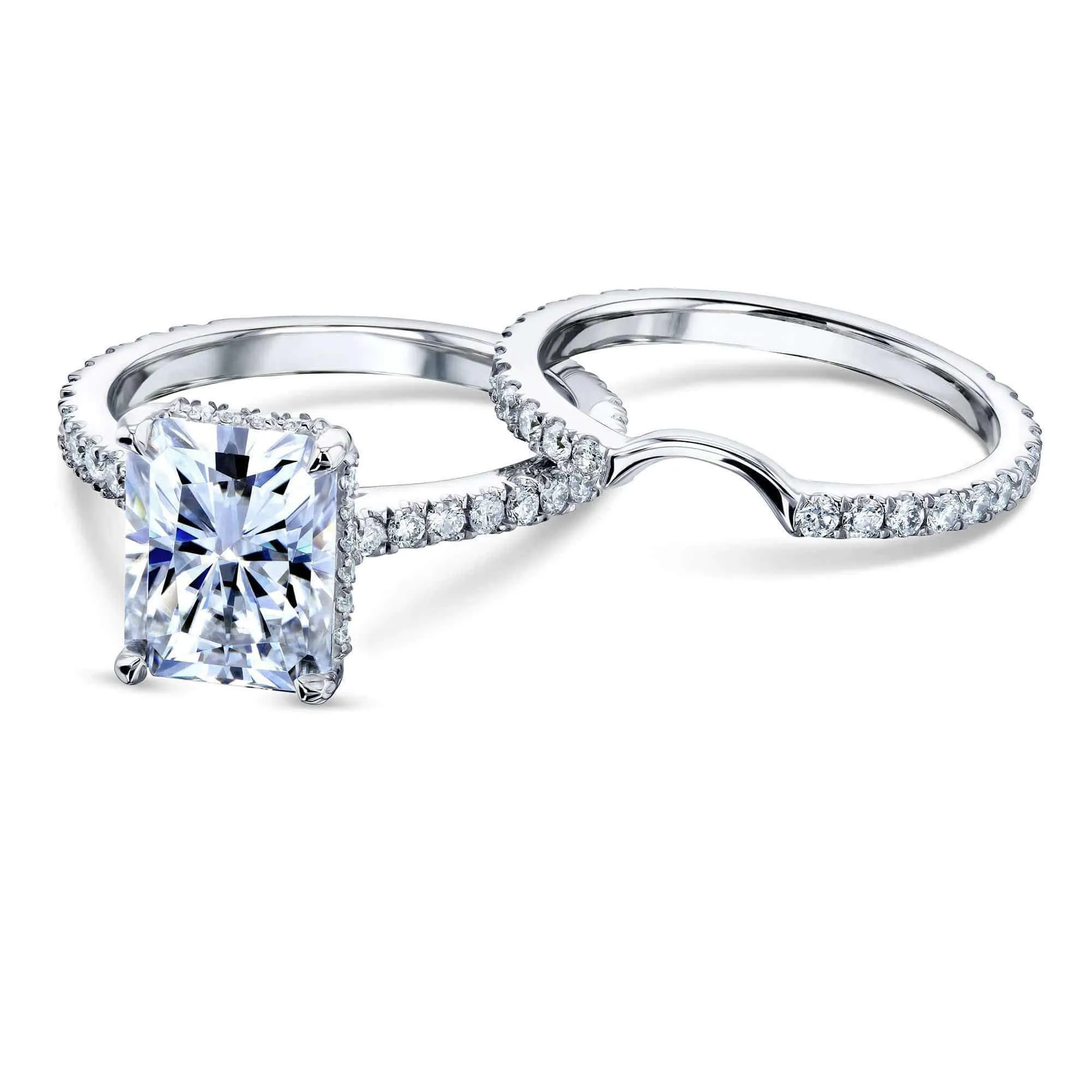 2.7ct Radiant Forever One Moissanite Drop Halo Bridal Set - Notched Band