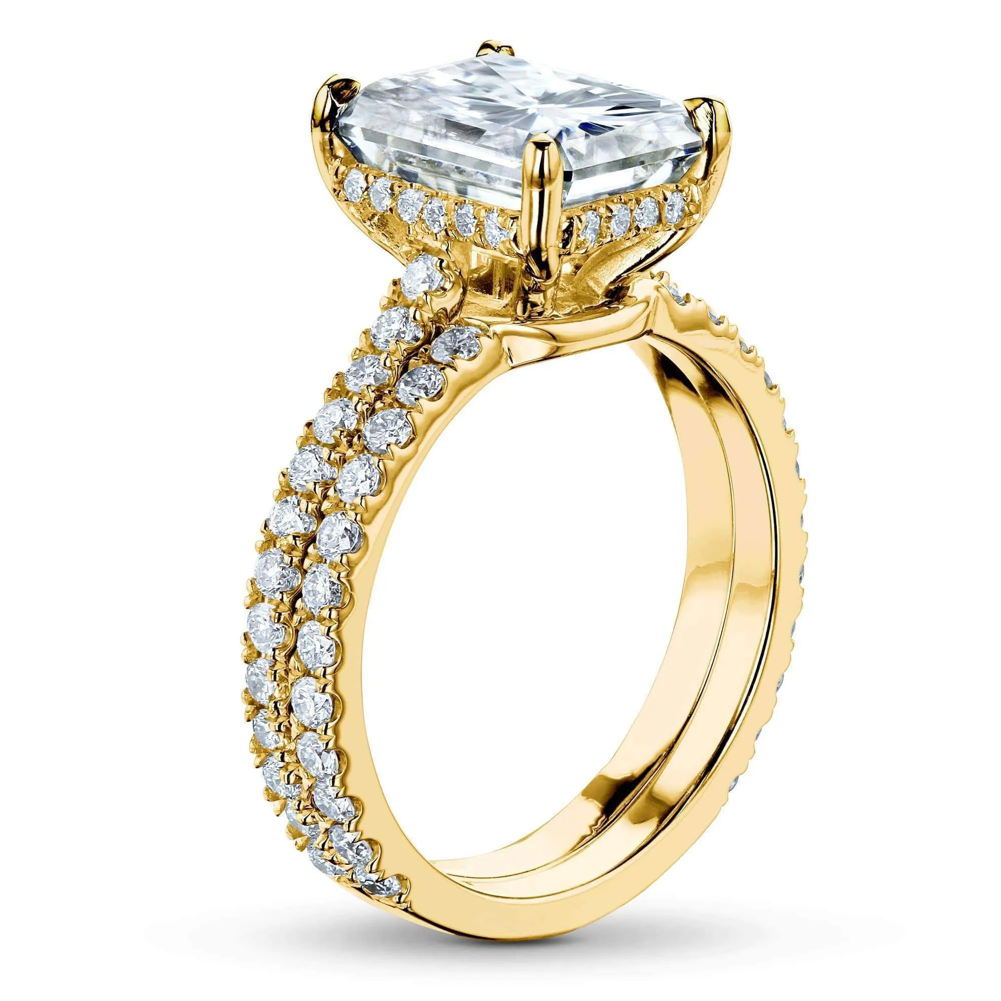 2.7ct Radiant Forever One Moissanite Drop Halo Bridal Set - Notched Band