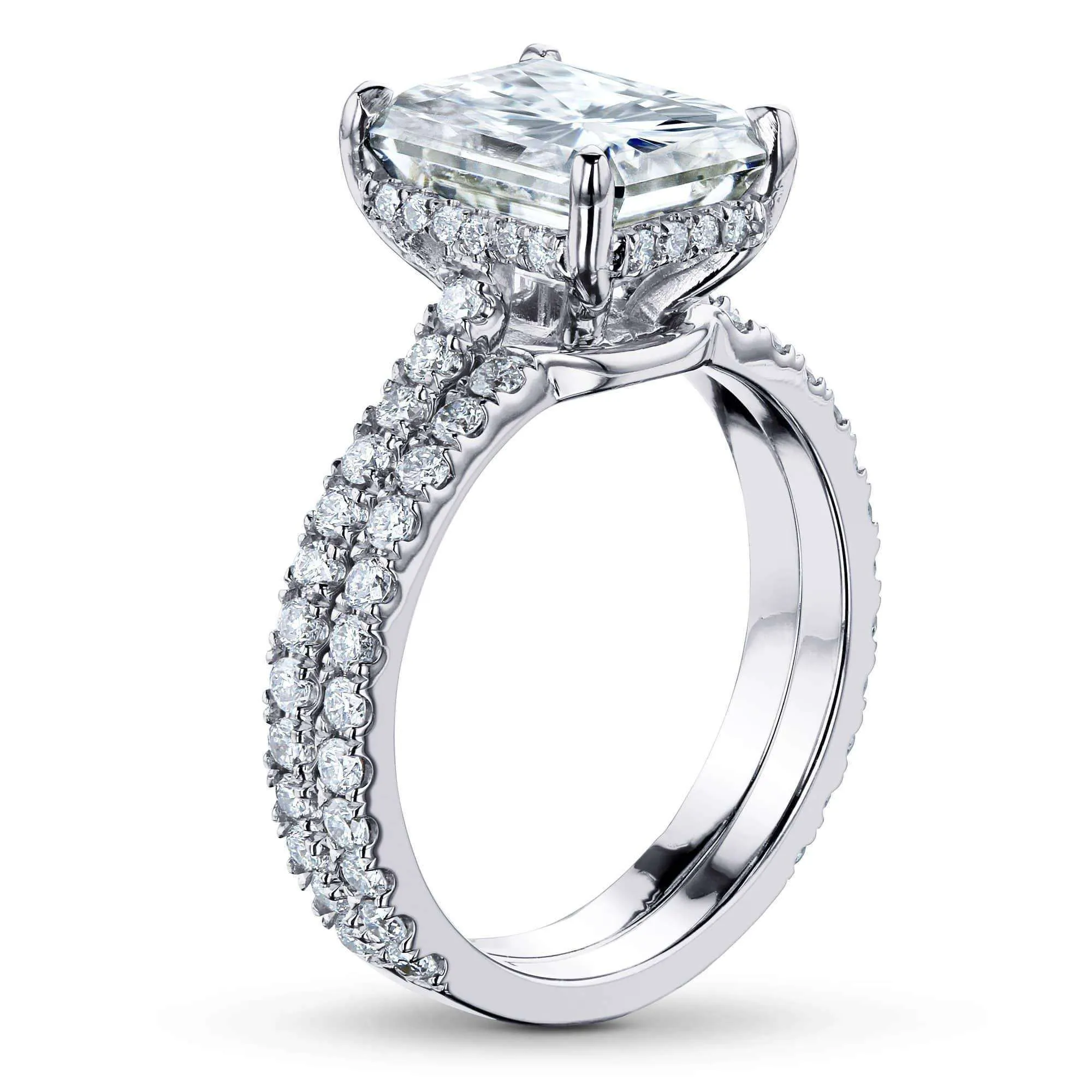 2.7ct Radiant Forever One Moissanite Drop Halo Bridal Set - Notched Band