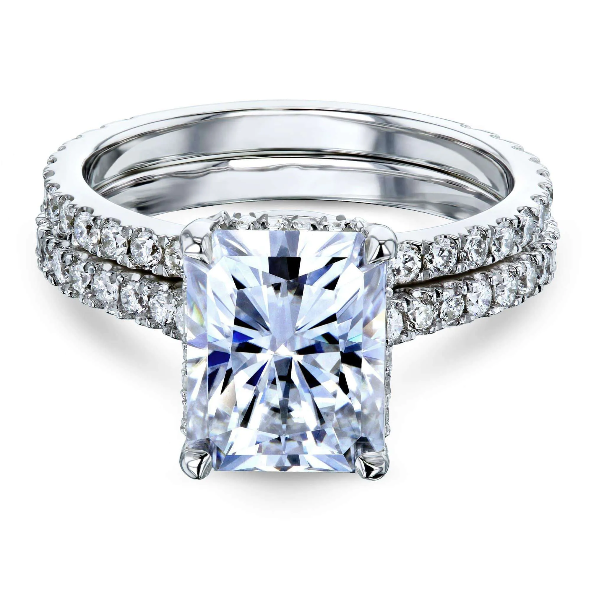 2.7ct Radiant Forever One Moissanite Drop Halo Bridal Set - Notched Band