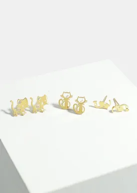 3-Pair Cute Cats Stud Earrings