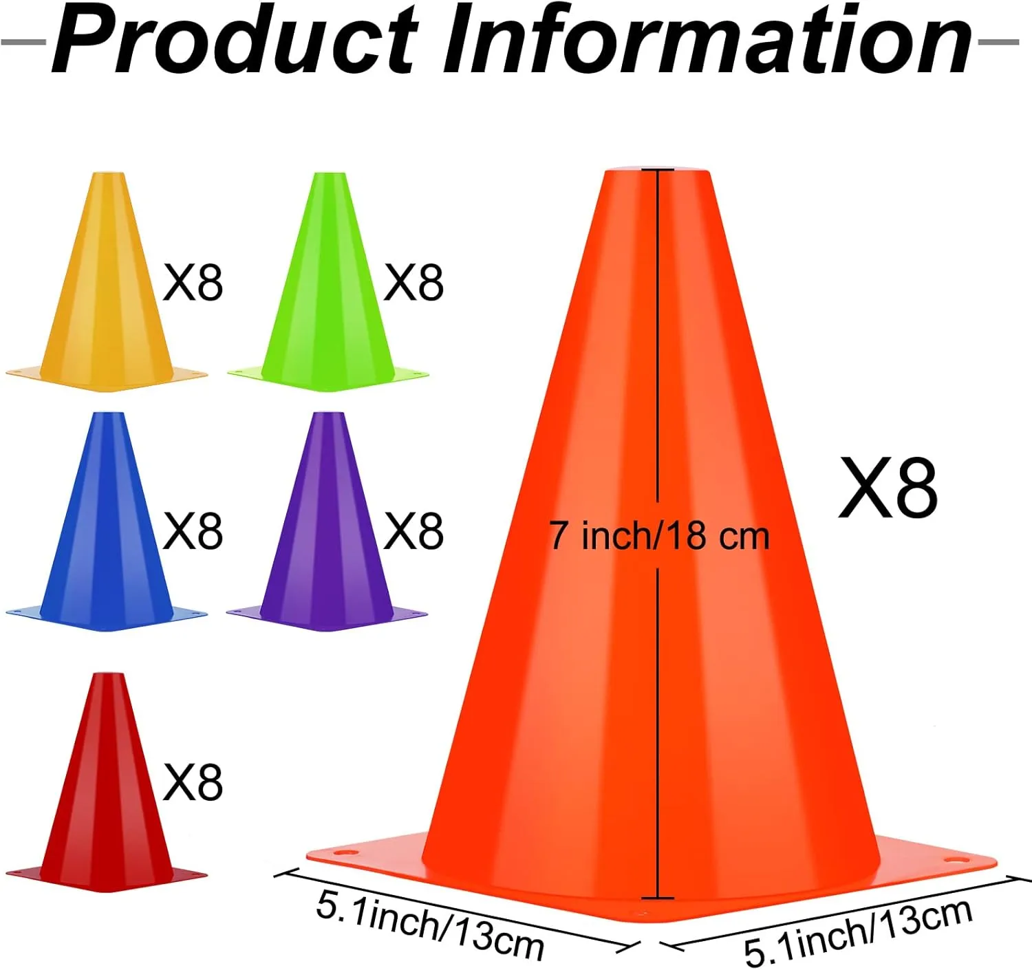 48 Pack 7 Inch Plastic Traffic Cones Agility Field Marker Soccer/Safety/Sports/Training Cones for Skating Basketball Football Practice Drills Themed Party Decorations