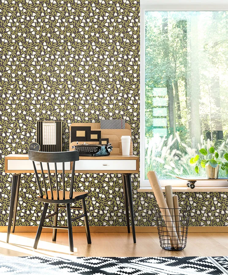 Aino Black Tiny Tulip Wallpaper  | Brewster Wallcovering