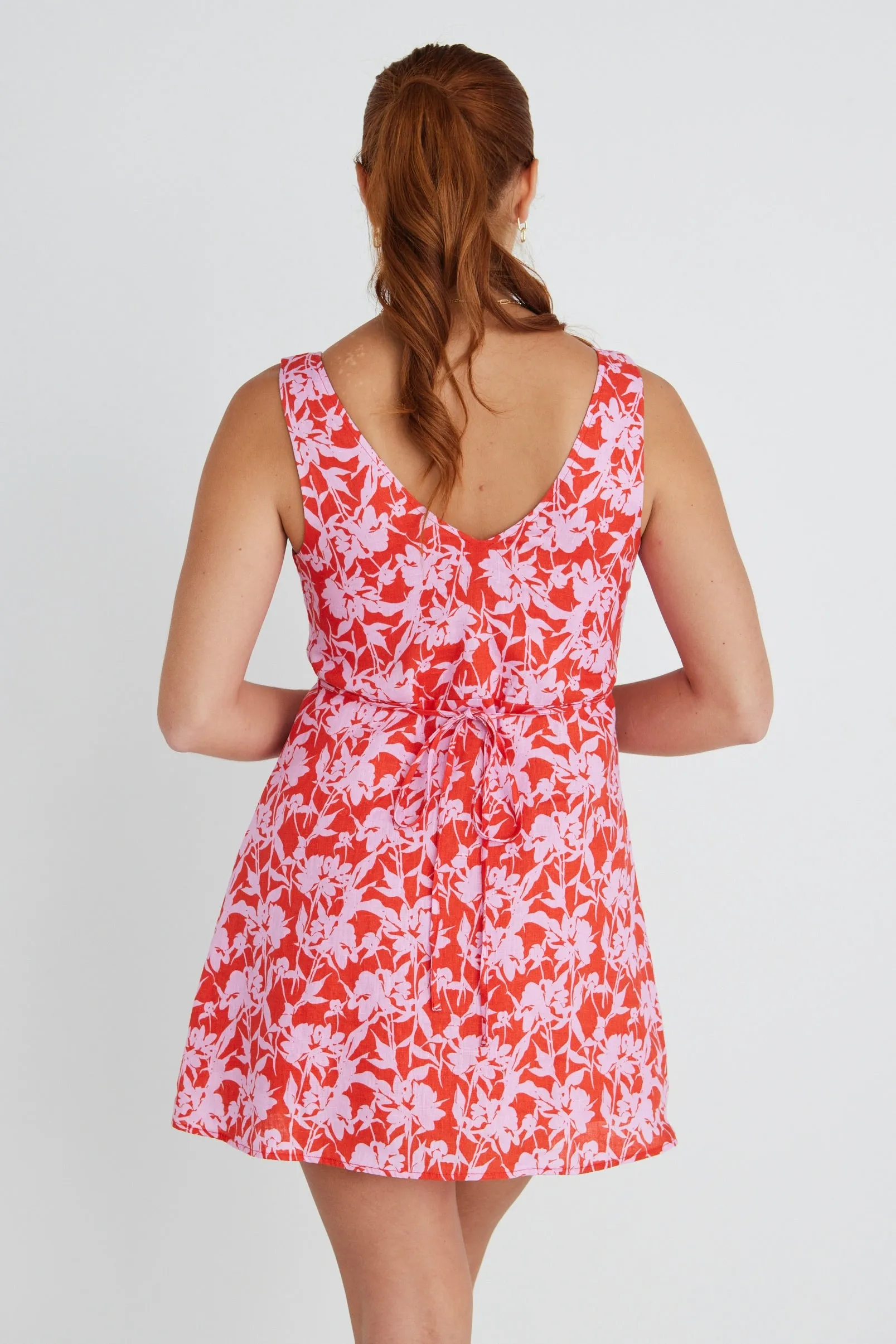 Chic Allora Mini Dress in Pink Floral Shadows - Sleeveless and Linen with Button Front Detail