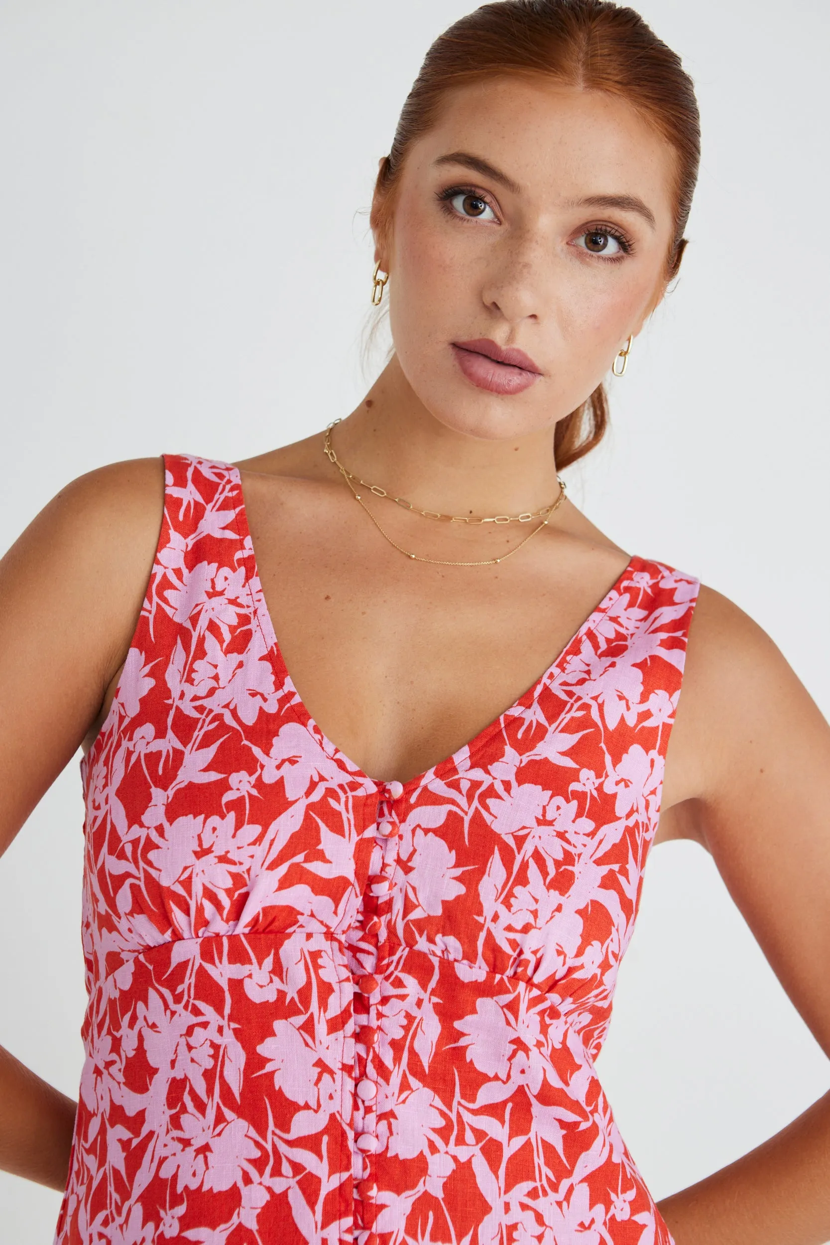 Chic Allora Mini Dress in Pink Floral Shadows - Sleeveless and Linen with Button Front Detail