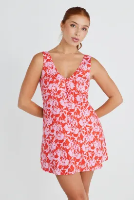Chic Allora Mini Dress in Pink Floral Shadows - Sleeveless and Linen with Button Front Detail