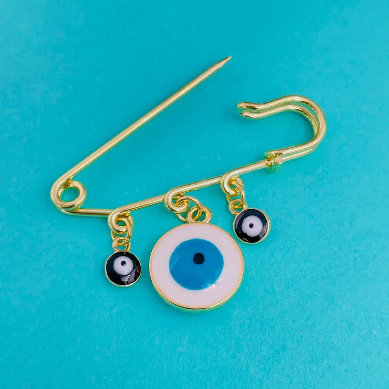 Alloy Enamel Gold Evil Eye Safety Pin Brooch For Women White