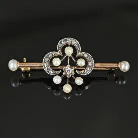 Antique 15K Gold Pearl & Rose Cut Diamond Brooch