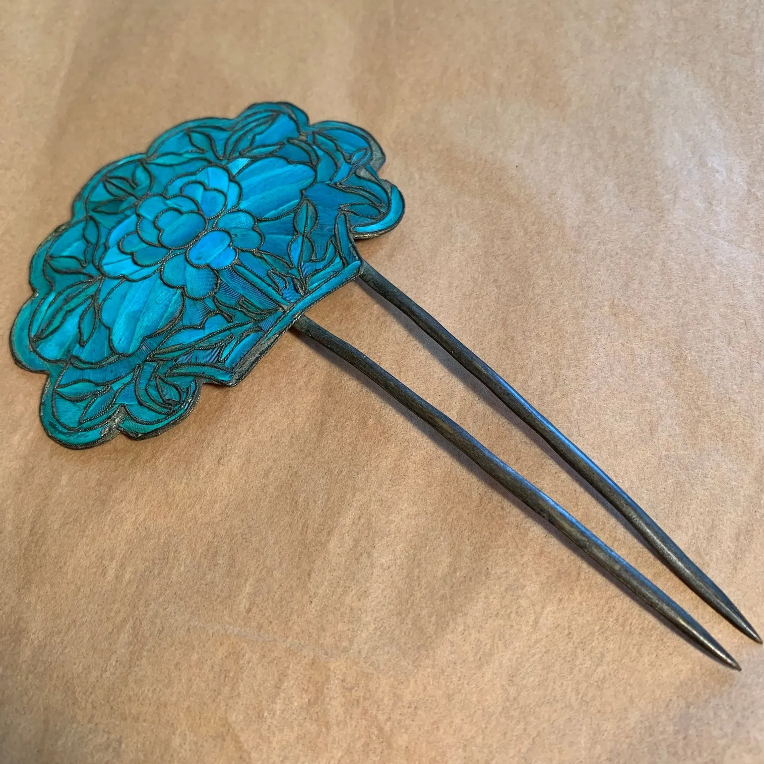 Antique Chinese Hair Pin, Kingfisher Feathers