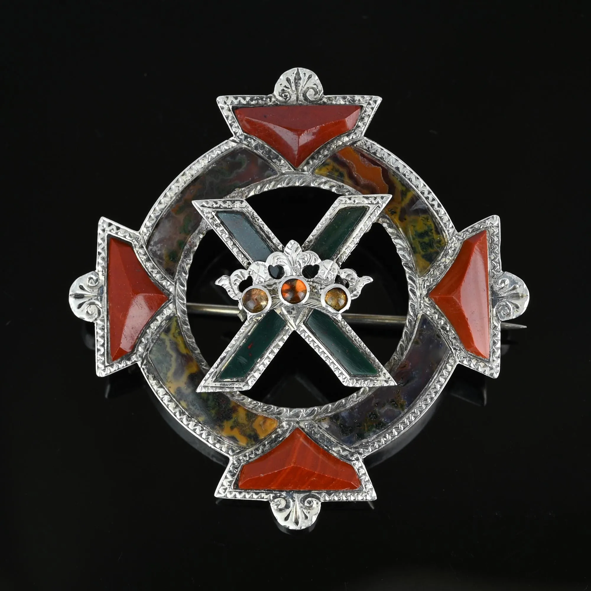 Antique Victorian Scottish Luckenbooth Brooch with Citrine and Agate Accents