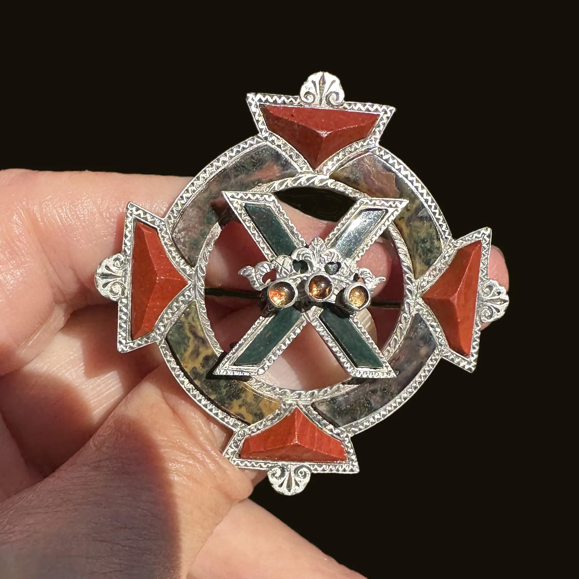 Antique Victorian Scottish Luckenbooth Brooch with Citrine and Agate Accents