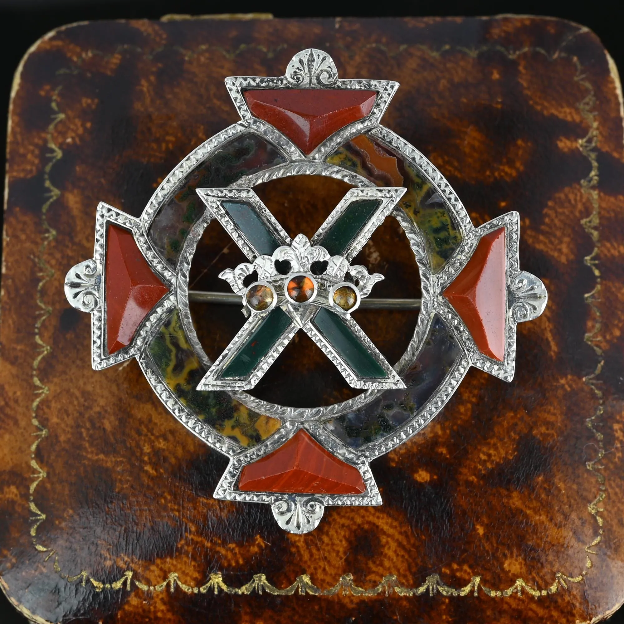 Antique Victorian Scottish Luckenbooth Brooch with Citrine and Agate Accents