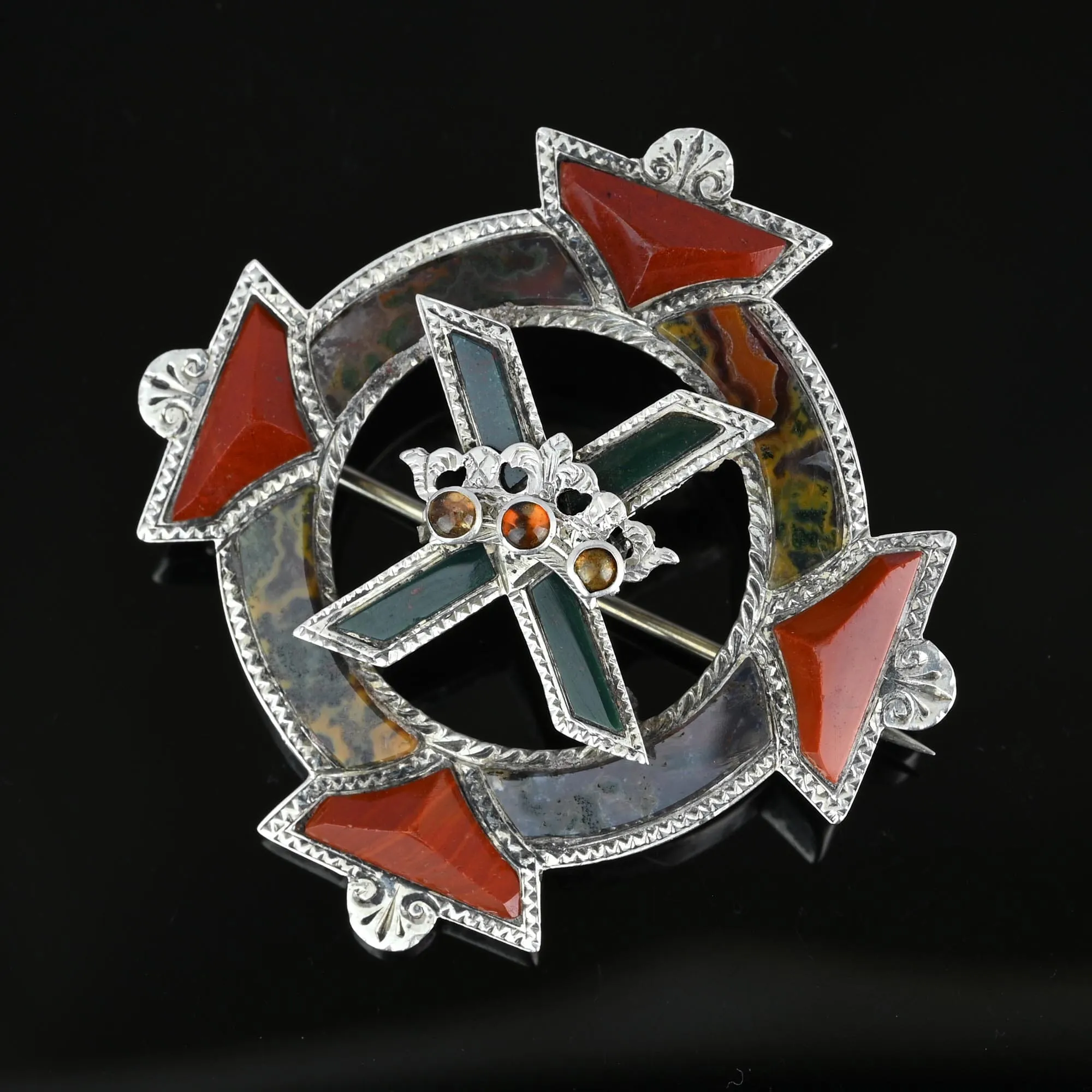 Antique Victorian Scottish Luckenbooth Brooch with Citrine and Agate Accents