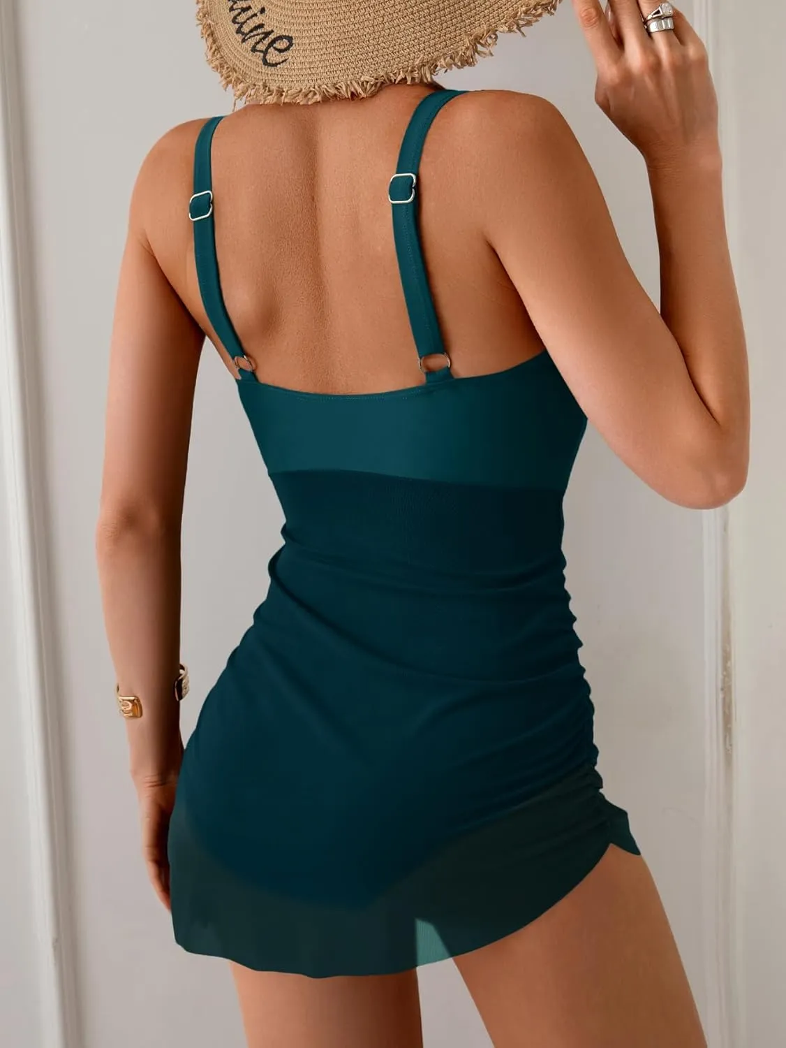B2prity Women's Mesh One Piece Swimdress Swimsuit Tummy Control V Neck U Ring Bathing Suit Drawstring Sarong Swimwear