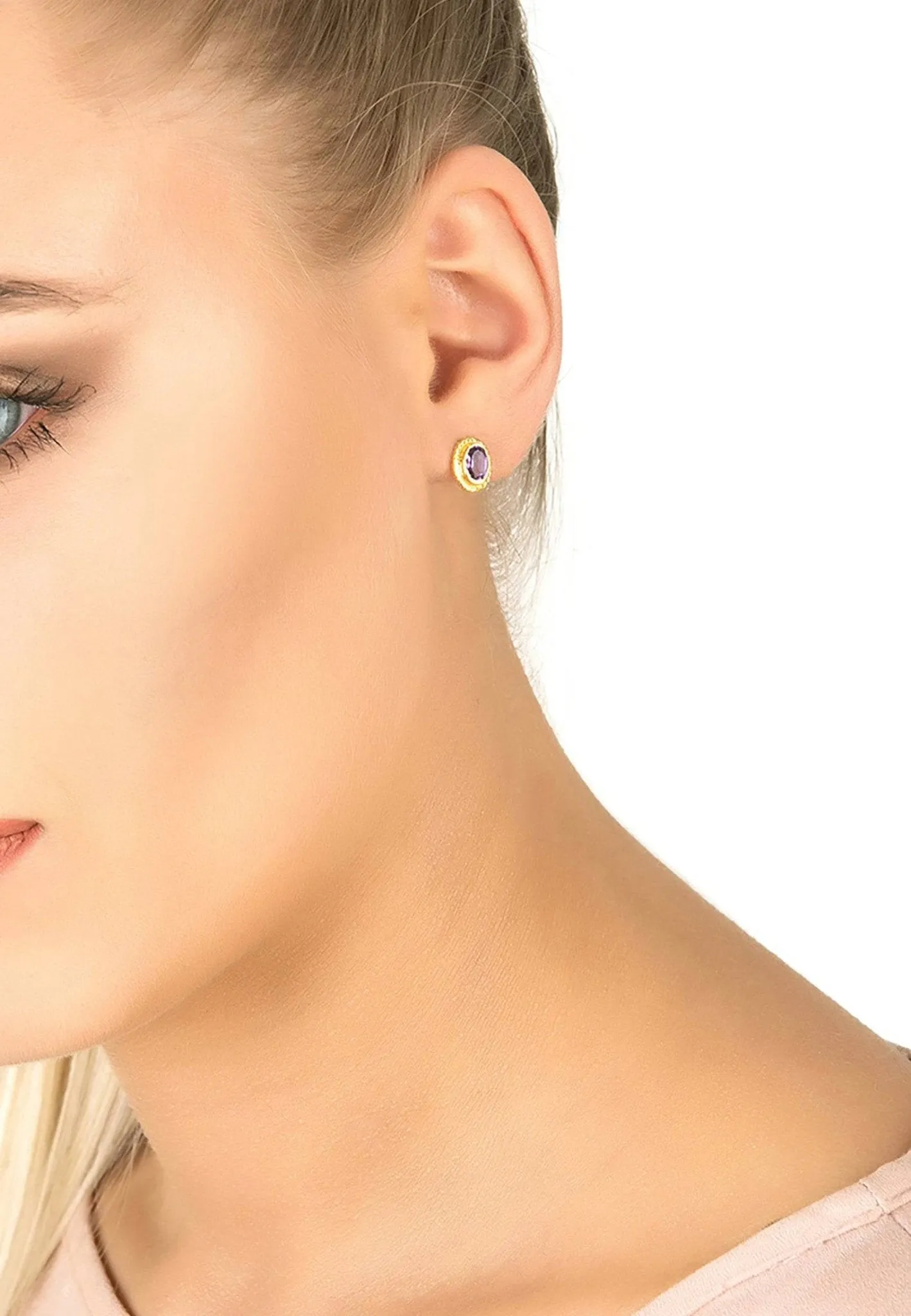 Birthstone Gold Gemstone Stud Earring February Amethyst