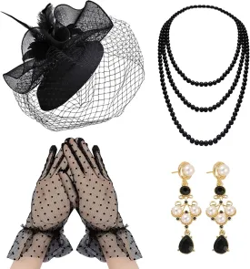 Black Tea Party Hat Gloves Women Fascinators Hats Gloves Pearl Necklace Earrings Choker for Wedding Baby Bridal Shower Birthday