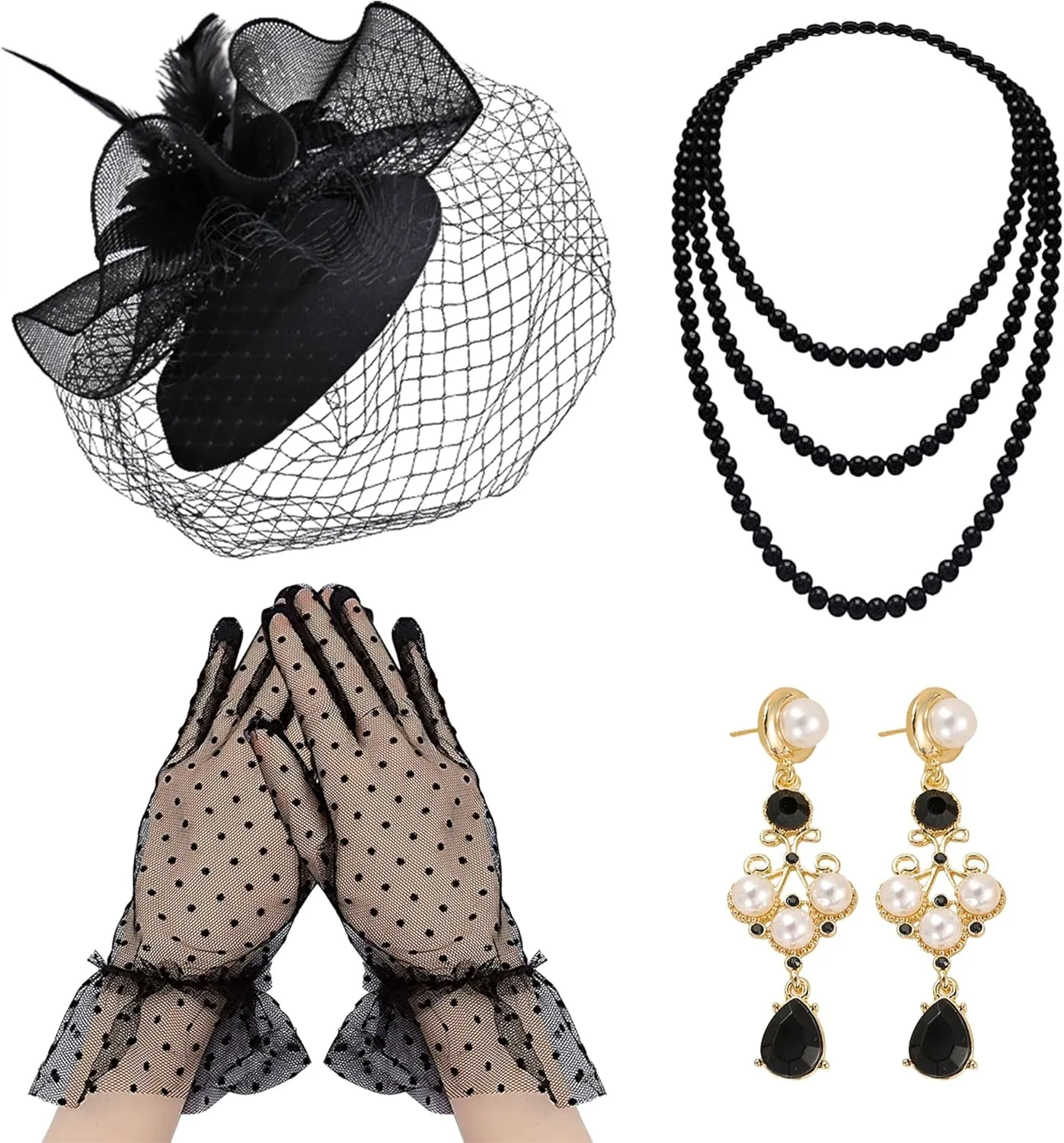 Black Tea Party Hat Gloves Women Fascinators Hats Gloves Pearl Necklace Earrings Choker for Wedding Baby Bridal Shower Birthday